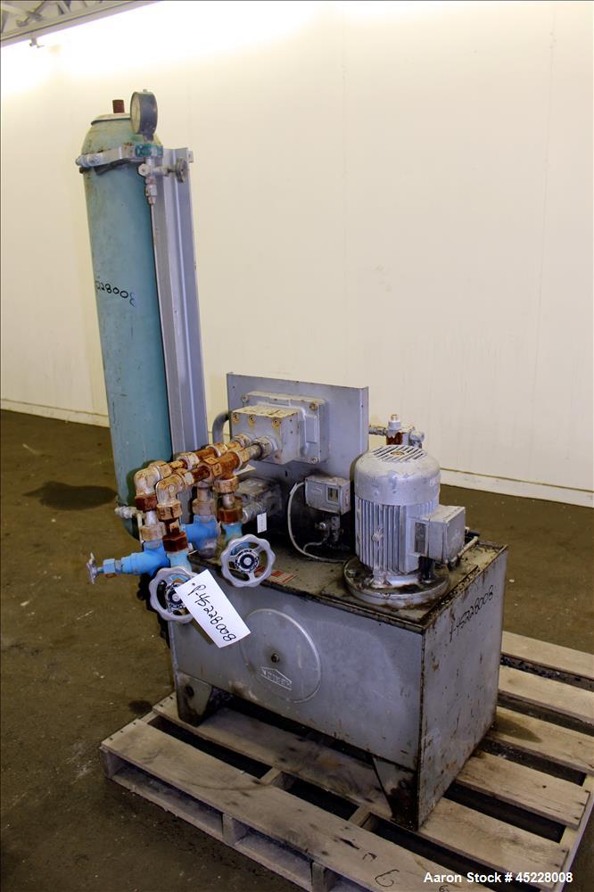 Used Maag Gear Pump, Model Polyrex 180/125, Carbon Steel. 3 Tons per hour. Includes a 5-1/4" screen changer, shaft 8" diameter x 122" long and Herion power pack, driven by 2.2kW, 3/50/380 volt, 1420 ...