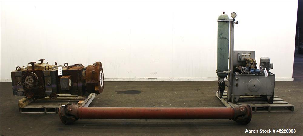 Used Maag Gear Pump, Model Polyrex 180/125, Carbon Steel. 3 Tons per hour. Includes a 5-1/4" screen changer, shaft 8" diameter x 122" long and Herion power pack, driven by 2.2kW, 3/50/380 volt, 1420 ...