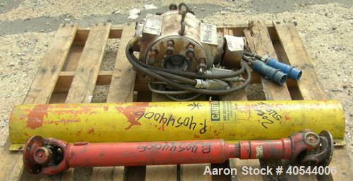 Used Maag Extrex gear pump, type 56/56. Approximately 92.6 cubic meters per revolution. Approximately 2 5/8" openings. Driven by a 15 hp, 240 volt, 1750 rpm DC motor with a reducer, ratio 20.55 to 1....
