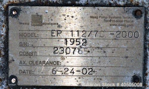 Used Maag Gear Pump, Model EP 112/70-2000. Driven by a 40hp, 3/60/230/460 volt, 1760 rpm motor thru a reducer, ratio 31.28 to 1.