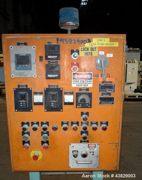 Used Extrex Gear Type Melt Pump. Driven by a 40hp, 3/60/208-230/460 volt, 1780 rpm motor with a Falk Model 284AFXD2A RAM gearbox, ratio 21.19 to 1. Floor standing vertical type support stand, approxi...