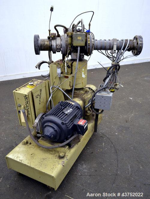 Used Gear Pump. Driven by a 10 hp, 3/60/460 volt, 1775 rpm motor thru a reducer, ratio 7.5 to 1. Mounted on a base with casters. Last used on a 3.5" extruder.