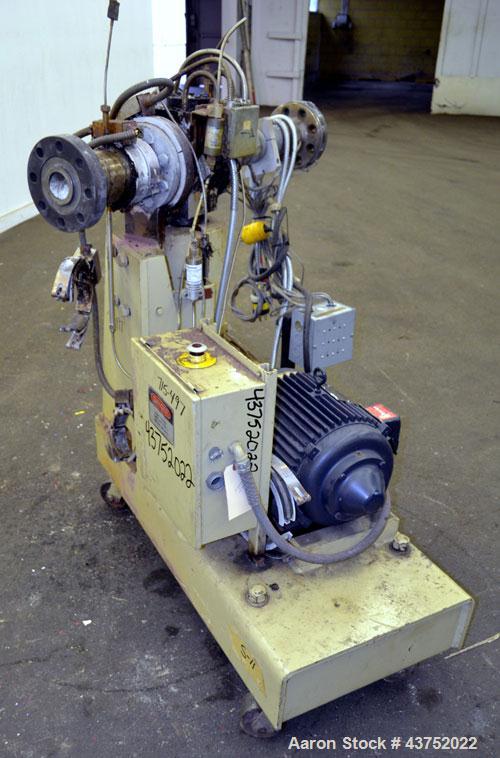Used Gear Pump. Driven by a 10 hp, 3/60/460 volt, 1775 rpm motor thru a reducer, ratio 7.5 to 1. Mounted on a base with casters. Last used on a 3.5" extruder.