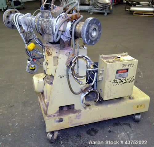 Used Gear Pump. Driven by a 10 hp, 3/60/460 volt, 1775 rpm motor thru a reducer, ratio 7.5 to 1. Mounted on a base with casters. Last used on a 3.5" extruder.