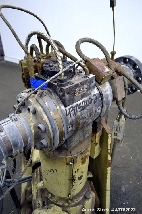 Used Gear Pump. Driven by a 10 hp, 3/60/460 volt, 1775 rpm motor thru a reducer, ratio 7.5 to 1. Mounted on a base with casters. Last used on a 3.5" extruder.
