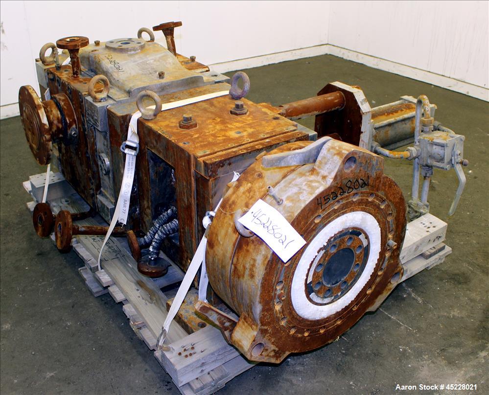 Used Maag Gear pump, Polyrex 180/125, Carbon Steel. 3 Tons per hour. Includes a 5-1/4" screen changer, shaft 8" diameter x 78" long and Herion power pack, driven by 2.2kW, 3/50/500 volt, 1400 rpm mot...