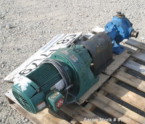 Used Viking Heavy Duty Internal Gear Pump, Model KK125, Carbon Steel. Approximately 100 gallons per minute at 780 rpm, maximum 200 psi. 2" NPT inlet/outlet. Driven by a 3 hp, 3/60/208-230/460 volt, 1...
