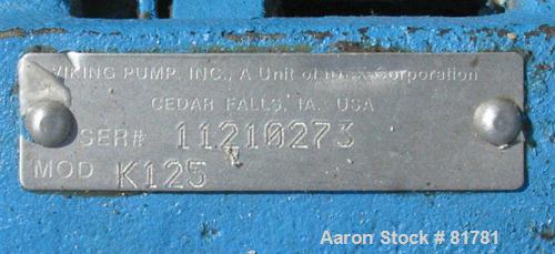 Used Viking Heavy Duty Internal Gear Pump, Model KK125, Carbon Steel. Approximately 100 gallons per minute at 780 rpm, maximum 200 psi. 2" NPT inlet/outlet. Driven by a 5 hp, 3/60/230/460 volt, 1745 ...