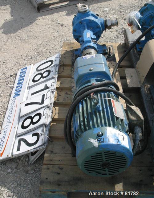 Used Viking Heavy Duty Internal Gear Pump, Model KK125, Carbon Steel. Approximately 100 gallons per minute at 780 rpm, maximum 200 psi. 2" NPT inlet/outlet. Driven by a 5 hp, 3/60/230/460 volt, 1750 ...