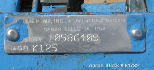 Used Viking Heavy Duty Internal Gear Pump, Model KK125, Carbon Steel. Approximately 100 gallons per minute at 780 rpm, maximum 200 psi. 2" NPT inlet/outlet. Driven by a 5 hp, 3/60/230/460 volt, 1750 ...