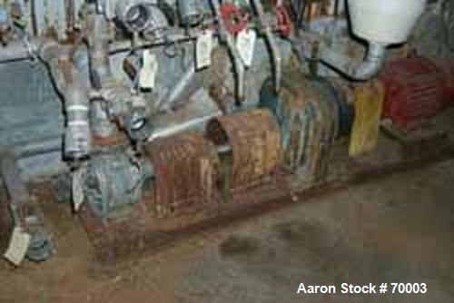 Used Viking rotary pump, model LL32, stainless steel. 140 gallons per minute at 520 rpm, 3" diameter inlet/outlet. Direct driven by a 7-1/2 hp, 3/60/208-230/460 volt, 1745 rpm XP motor, Class 1, Grou...