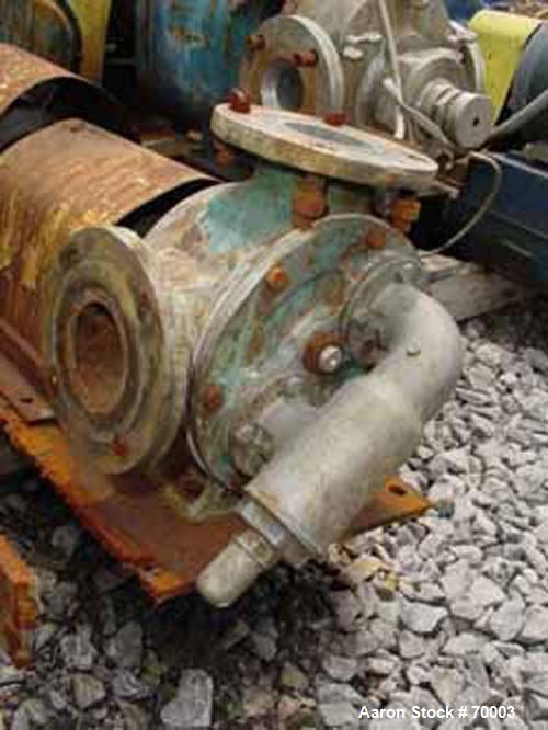 Used Viking rotary pump, model LL32, stainless steel. 140 gallons per minute at 520 rpm, 3" diameter inlet/outlet. Direct driven by a 7-1/2 hp, 3/60/208-230/460 volt, 1745 rpm XP motor, Class 1, Grou...