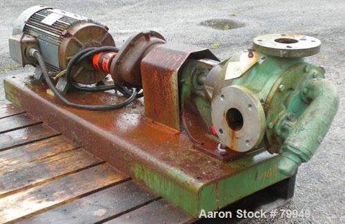 Used Viking Rotary Pump, Model LQ4724, 316 Stainless Steel. Approximately 90 gallons per minute at 420 RPM, 2-1/2" diameter inlet/outlet. Driven by a 7.5 HP, 3/60/208-230/460 Volt, 1140 RPM motor wit...
