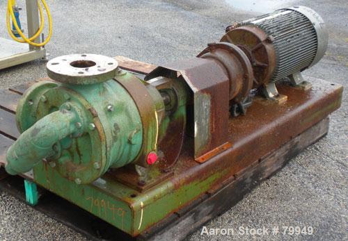 Used Viking Rotary Pump, Model LQ4724, 316 Stainless Steel. Approximately 90 gallons per minute at 420 RPM, 2-1/2" diameter inlet/outlet. Driven by a 7.5 HP, 3/60/208-230/460 Volt, 1140 RPM motor wit...
