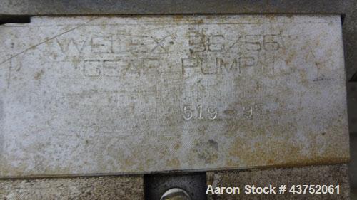 Used Welex Gear Pump, Model GP 56. Driven by a 20Hp, 500 volt, 1750/2300 rpm DC motor thru a cone drive, ratio 10 to 1. Includes a control panel. Serial# 6249, built 1995.