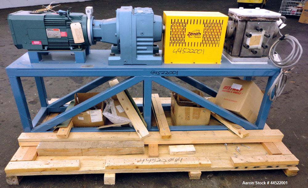 Unused- Zenith PEP-II Polymer Gear Pump, Model 60-20000-2466-4, Carbon Steel. Rated approximate 300cc per revolution, flow rate 300-3600 pounds per hour. Driven by a 20hp, 3/60/460 volt, 1775 rpm mot...