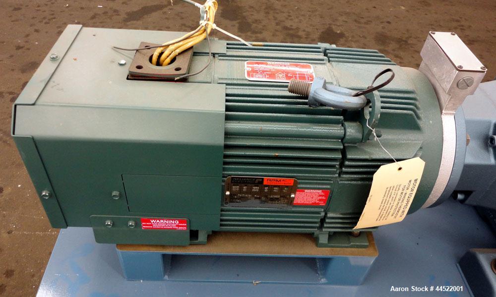 Unused- Zenith PEP-II Polymer Gear Pump, Model 60-20000-2466-4, Carbon Steel. Rated approximate 300cc per revolution, flow rate 300-3600 pounds per hour. Driven by a 20hp, 3/60/460 volt, 1775 rpm mot...