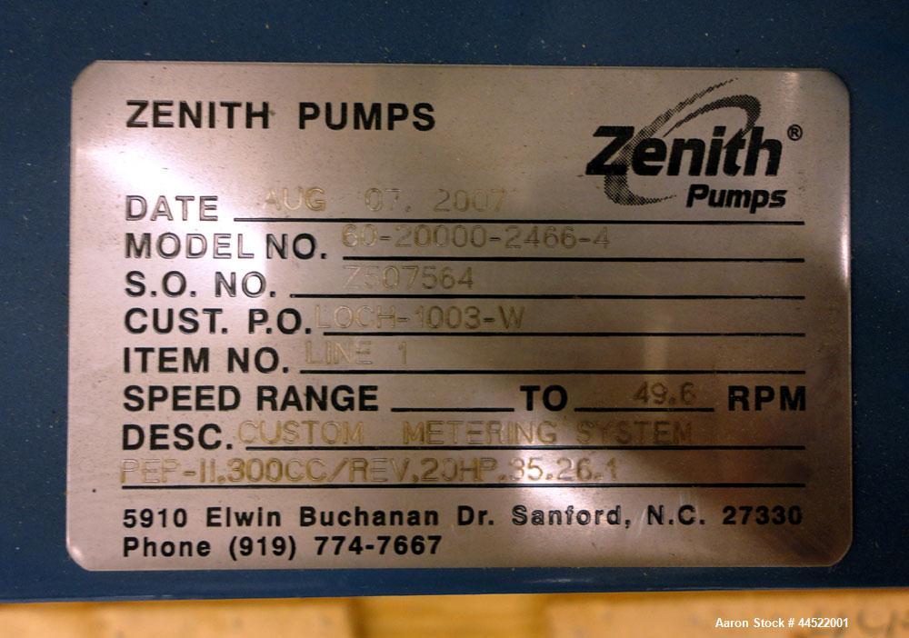 Unused- Zenith PEP-II Polymer Gear Pump, Model 60-20000-2466-4, Carbon Steel. Rated approximate 300cc per revolution, flow rate 300-3600 pounds per hour. Driven by a 20hp, 3/60/460 volt, 1775 rpm mot...