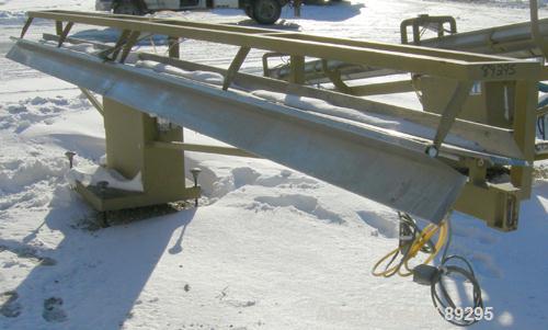 USED: Royal Machine dual lane dump table, model 158. (2) 6" wide x 236" long pneumatically operated stainless steel rails. Mounted on a carbon steel frame. Built 1996.