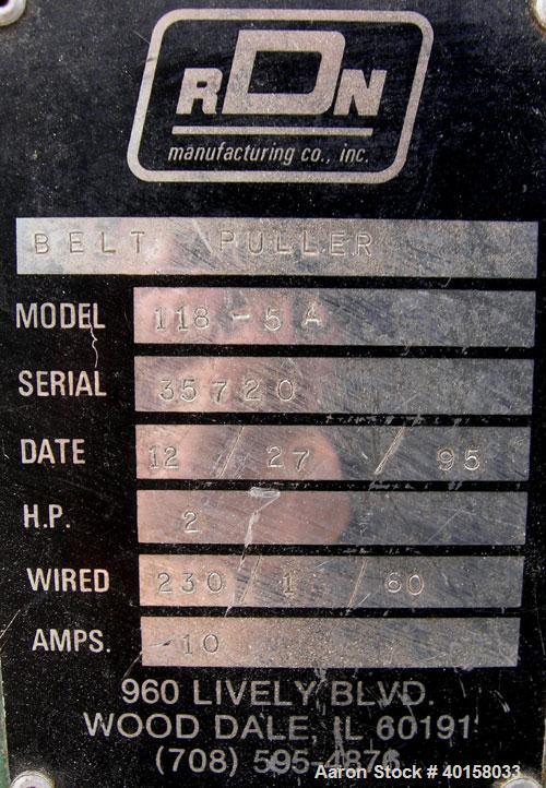  Used- RDN belt puller, model 118-5A. 3" wide x 20" long contact length rubber belts, manually adjustable. Driven by a 2 hp, 180 volt DC gearmotor. Includes a Contrx M-drive panel. Built 1995.