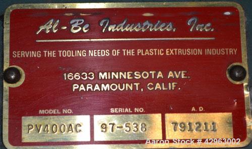 Used Al-Be Industries Puller, Model PV400AC. (2) 3-1/2’’ Wide x 32’’ long contact  rubber belts. 0’’ to 4’’ Capacity opening, manually adjustable. Driven by a 2hp, 3/60/230/460 volt , 1725 rpm gear m...