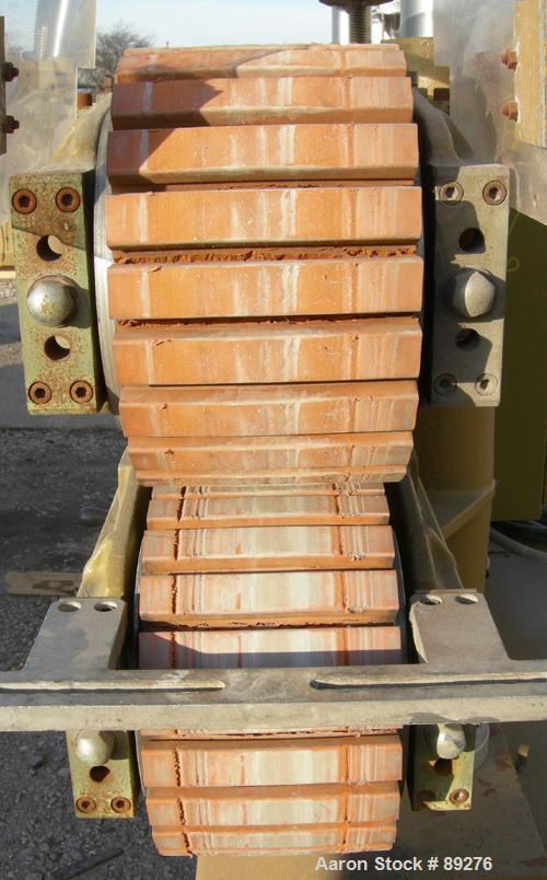 Used Becz Machine Belt Puller, Model 051. (2) 8" wide x 8' long contact area. Top belt motorized adjustment, bottom belt manually adjustable. Driven by an approximate 5 hp motor. Includes control pan...