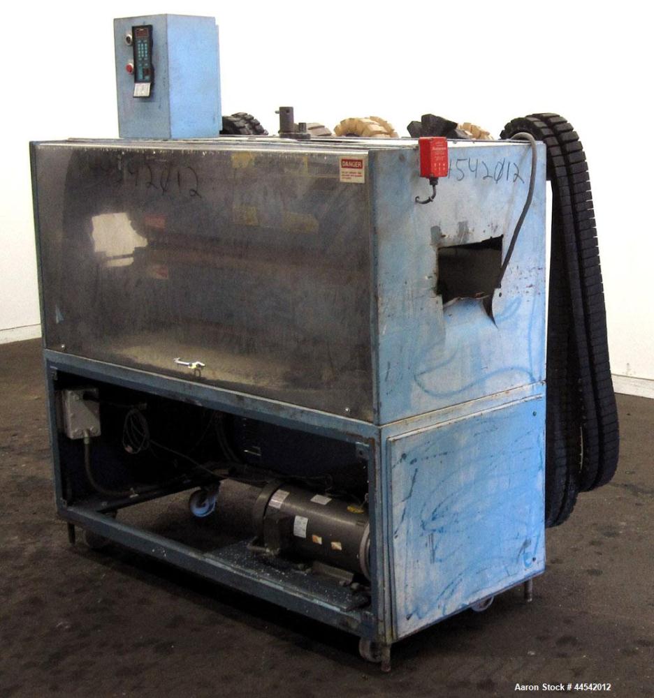 Used Boston Matthews Cleated Belt Puller, Model CWL-600-VT. (2) Approximately 4” wide x 42” long contact area belts, manually adjustable, take off speed range 1 to 60 feet per minute. Driven by a 3 h...