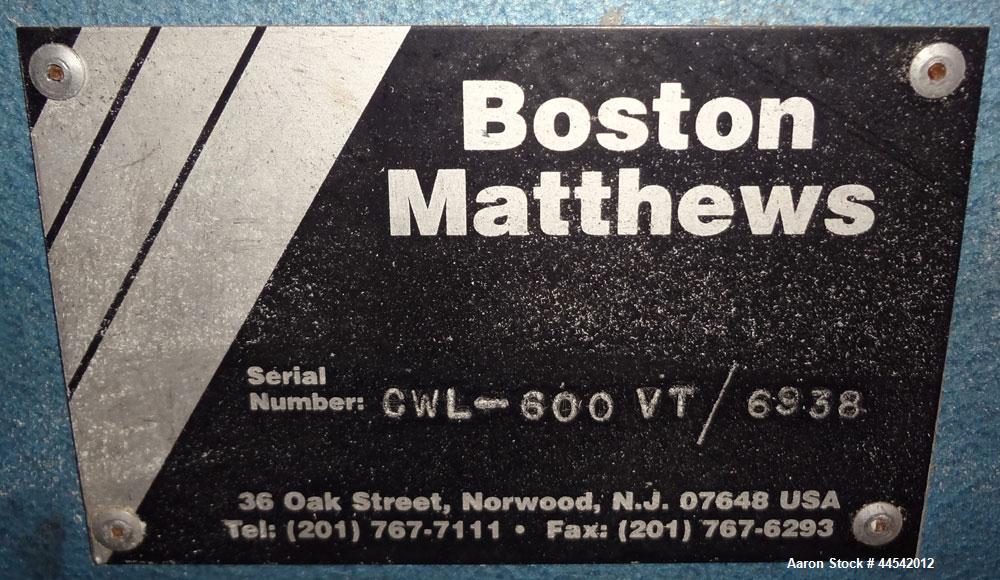 Used Boston Matthews Cleated Belt Puller, Model CWL-600-VT. (2) Approximately 4” wide x 42” long contact area belts, manually adjustable, take off speed range 1 to 60 feet per minute. Driven by a 3 h...