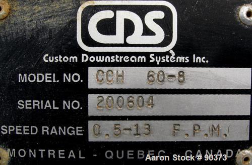 USED: Custom Downstream Systems cleated belt puller, model CCH-60-8. (2) 7-1/2" wide x approximate 60" contact area. Manually adjustable cleated belts, maximum 6" daylight. Approximately 1/2 to 13 fe...