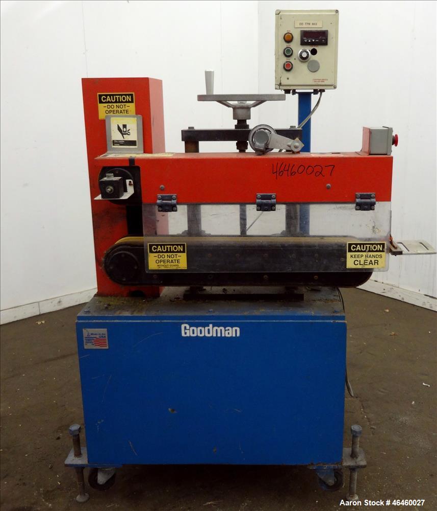 Used Goodman Stand-Alone Puller, Model 4F. (2) 4" Wide x 30" long belts. Driven by a approximate 2hp motor, with gear box, 15 to 1 ratio. Maximum daylight 4". Approximate operating speeds up to 500 f...