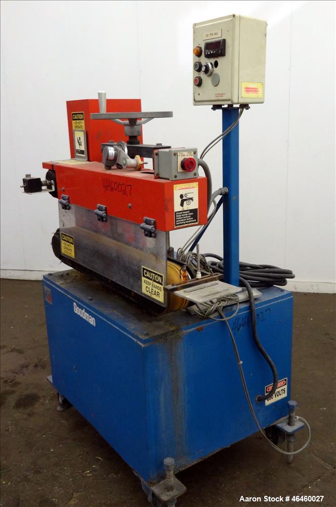 Used Goodman Stand-Alone Puller, Model 4F. (2) 4" Wide x 30" long belts. Driven by a approximate 2hp motor, with gear box, 15 to 1 ratio. Maximum daylight 4". Approximate operating speeds up to 500 f...