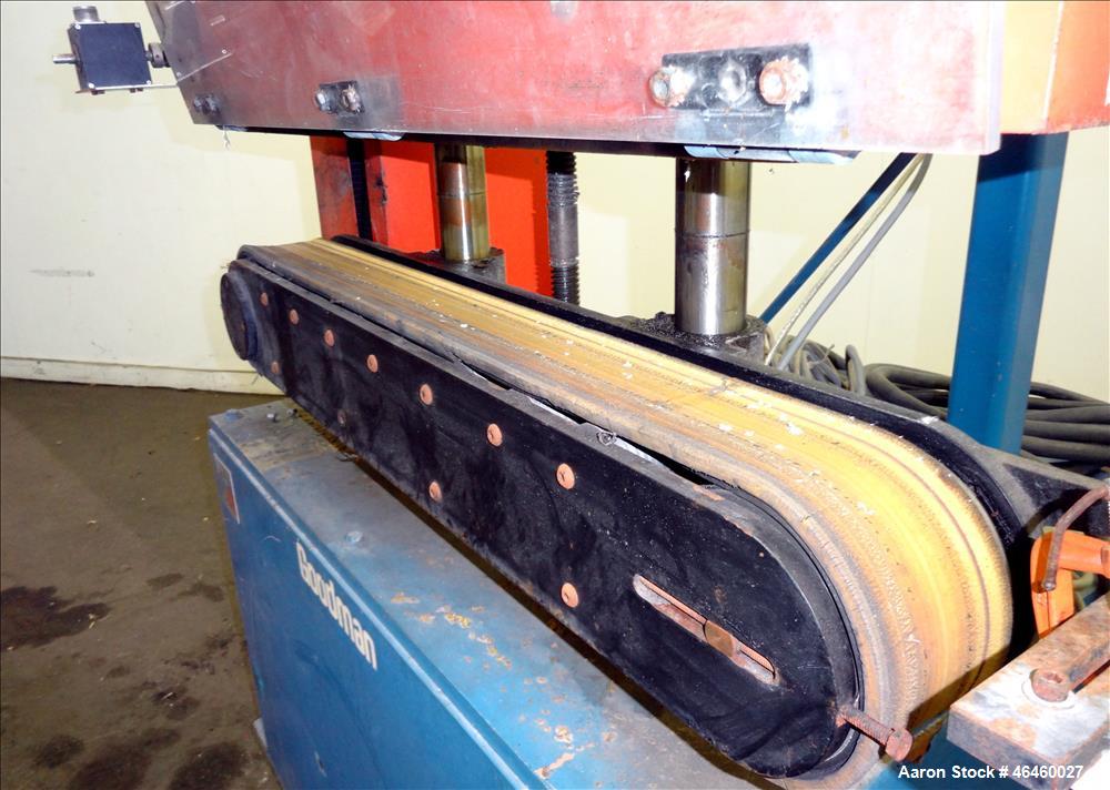 Used Goodman Stand-Alone Puller, Model 4F. (2) 4" Wide x 30" long belts. Driven by a approximate 2hp motor, with gear box, 15 to 1 ratio. Maximum daylight 4". Approximate operating speeds up to 500 f...