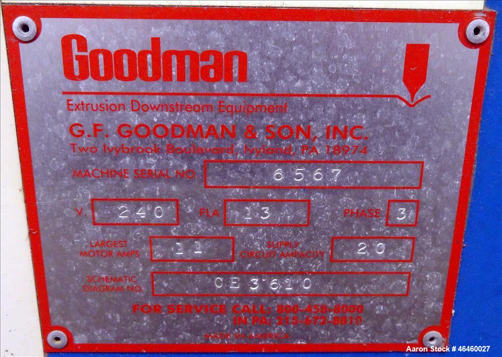 Used Goodman Stand-Alone Puller, Model 4F. (2) 4" Wide x 30" long belts. Driven by a approximate 2hp motor, with gear box, 15 to 1 ratio. Maximum daylight 4". Approximate operating speeds up to 500 f...