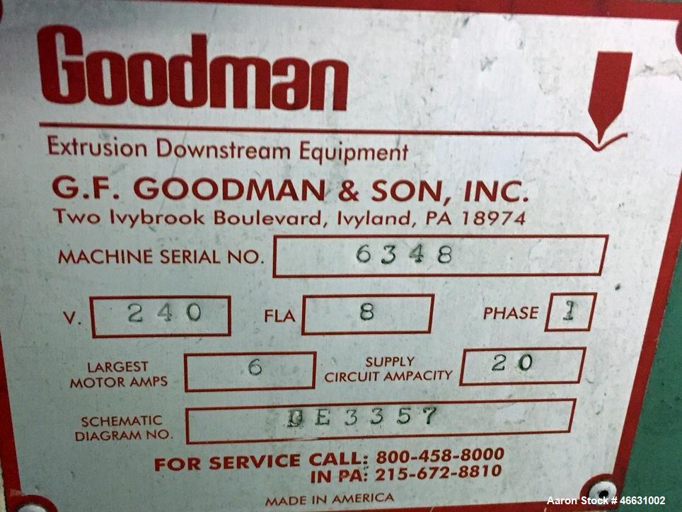 Used Goodman Stand-Alone Puller, Model 6E. Approximately 6" Wide x 24" Long. Manual adjustable raise. Maximum belt opening 6". Driven by a 1hp, 1/60/180 volt, 1750 rpm motor. Mounted on a carbon stee...