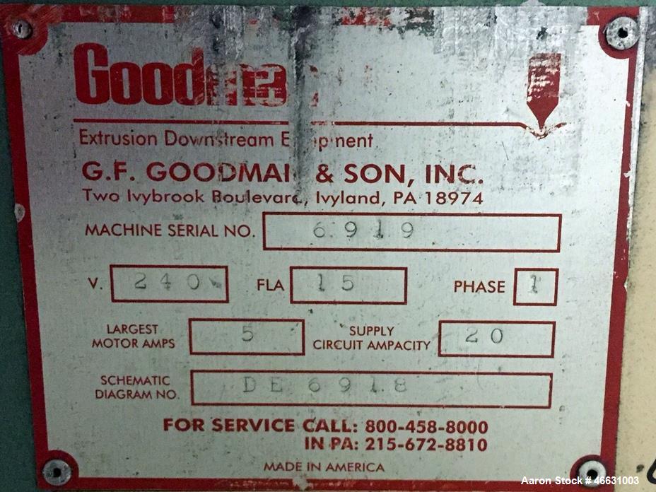 Used Goodman Stand-Alone Puller, Model 6E. Approximately 6" Wide x 24" Long. Manual adjustable raise. Maximum belt opening 6". Driven by a 1hp, 1/60/180 volt, 1750 rpm motor. Mounted on a carbon stee...