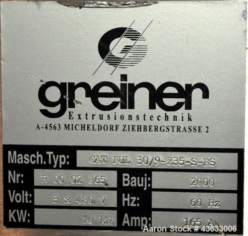 Used Greiner Extrusionstechnik Cat Pul Puller/Saw Combination, Model 30/9-235-S-DS. (2) Approximately 9” wide x 102” long contact length cleated belts, and (2) upacting saws with pneumatic hold downs...