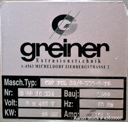 Used Greiner Extrusionstechnik Cat Pul Puller/Saw Combination, Model 30/9-235-S-DS. (2) Approximately 9” wide x 102” long contact length cleated belts, and (2) upacting saws with pneumatic hold downs...