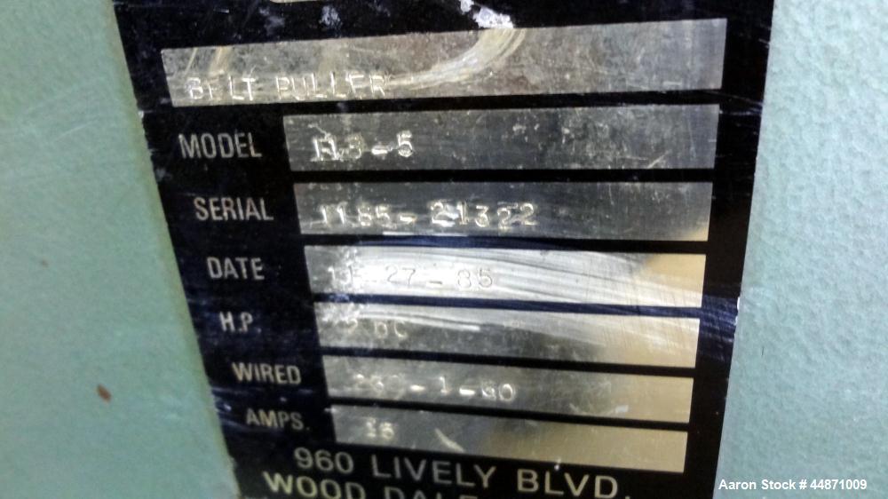 Used RDN Belt Puller, Model 118-5.  (2) Approximately 3.75" wide x 18" long contact area belts, manually adjustable, approximately 5" maximum daylight. Capacity up to 4" diameter product. Driven by a...