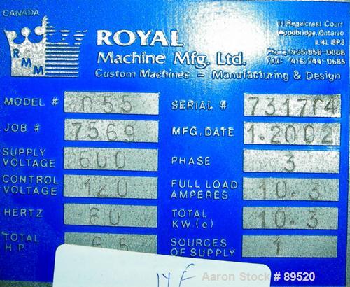 USED: Royal Machine cleated belt puller/cutter, model 055. (2) 7-1/2" wide x 58" long contact area belts, driven by an approximate 2 hp motor; (1) chop saw, approximate 14" diameter blade, driven by ...