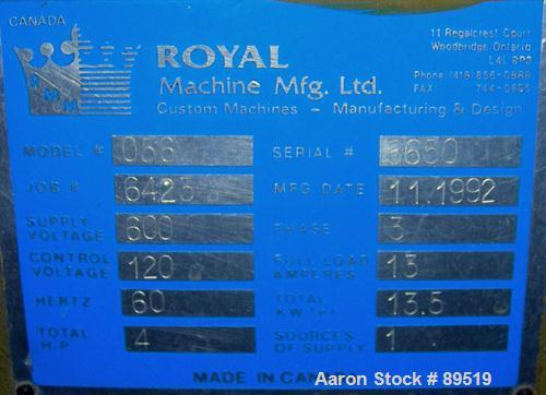USED: Royal Machine belt puller, model 056. (2) 8" wide x 8' long contact areas. Top belt motorized adjustment, bottom belt manually adjustable. Driven by an approximate 5 hp motor. Includes control ...