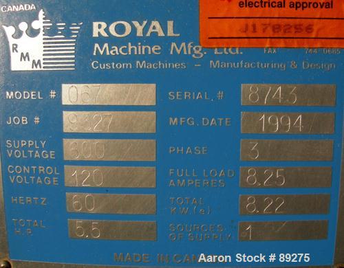 Used Royal Machine Cleated Belt Puller, Model 067. (2) 10" wide x 12' long contact area. Pneumatically adjustable belts. Each belt driven by a 2 hp, 640 volt, 2500 rpm DC gearmotor. (1 belt missing m...