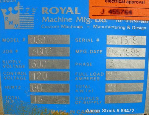 USED: Royal Machine dual lane cleated belt puller, model 069. (2) Lanes each with (2) 8" wide x 12' long contact area. Pneumatically adjustable belts. Driven by an approximate 15 hp motor. Includes c...