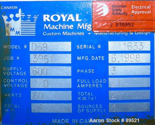 USED: Royal Machine dual lane cleated belt puller, model 069. (2) Lanes each with (2) 8" wide x 12' long contact area. Pneumatically adjustable belts. Driven by an approximate 15 hp motor. Includes c...