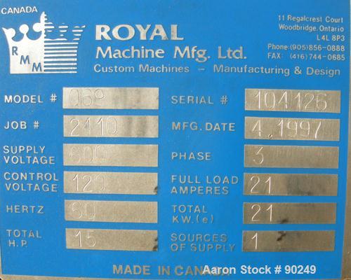 USED: Royal Machine dual lane cleated belt puller, model 069. (2) Lanes each with (2) 8" wide x 12' long contact area. Pneumatically adjustable belts. Driven by an approximate 15 hp motor. Includes c...