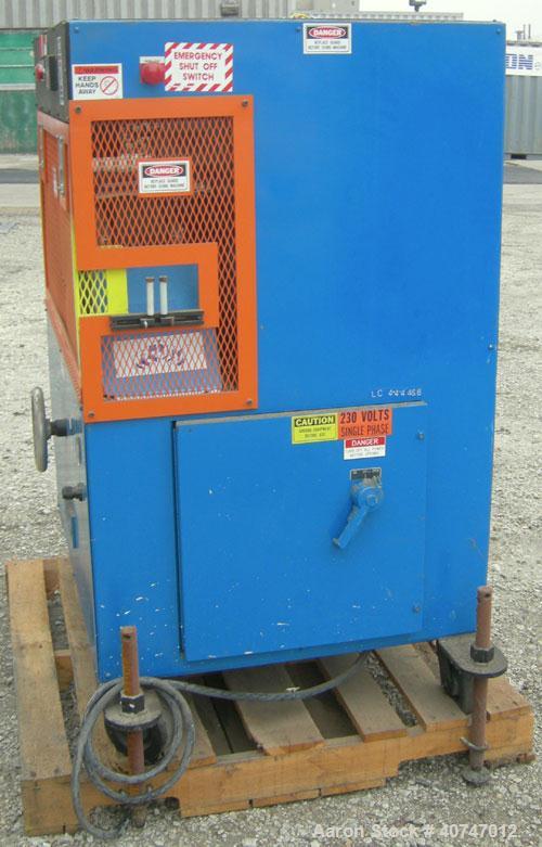 Used Vulcan Belt Puller. 4" wide x 27" long contact length rubber belts, manually adjustable. Driven by a 3 hp, 180 volt, 1750 rpm DC gearmotor, ratio 20 to 1. Includes a Reliance drive panel. Mounte...