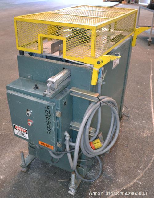 Used Al-Be Industries Upacting Traveling Table Saw, Model AB14S. Approximately 14" diameter blade. Capacity up to 4’’ diameter, and 2’’ high x 6’’ wide shapes at 20 cuts per minute at a maximum line ...
