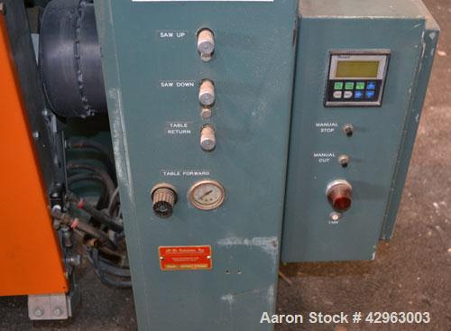 Used Al-Be Industries Upacting Traveling Table Saw, Model AB14S. Approximately 14" diameter blade. Capacity up to 4’’ diameter, and 2’’ high x 6’’ wide shapes at 20 cuts per minute at a maximum line ...