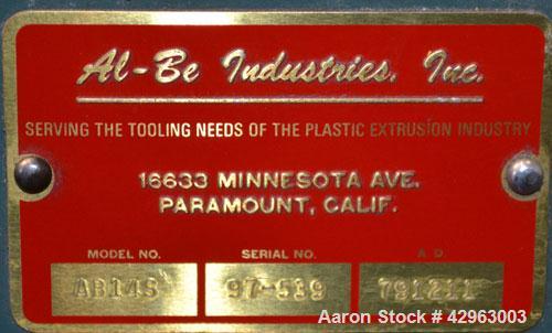 Used Al-Be Industries Upacting Traveling Table Saw, Model AB14S. Approximately 14" diameter blade. Capacity up to 4’’ diameter, and 2’’ high x 6’’ wide shapes at 20 cuts per minute at a maximum line ...
