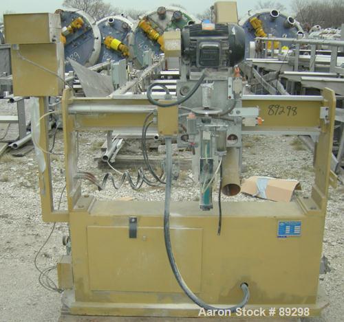 USED: Becz Machine traveling cut off chop saw, model 101. Approximate 14" diameter blade, pneumatically adjustable hold downs. Approximate 24" saw travel. Driven by a 2 hp, 3/60/575 volt, 3460 rpm mo...
