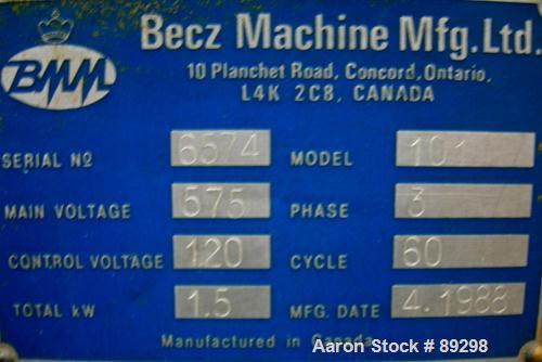 USED: Becz Machine traveling cut off chop saw, model 101. Approximate 14" diameter blade, pneumatically adjustable hold downs. Approximate 24" saw travel. Driven by a 2 hp, 3/60/575 volt, 3460 rpm mo...